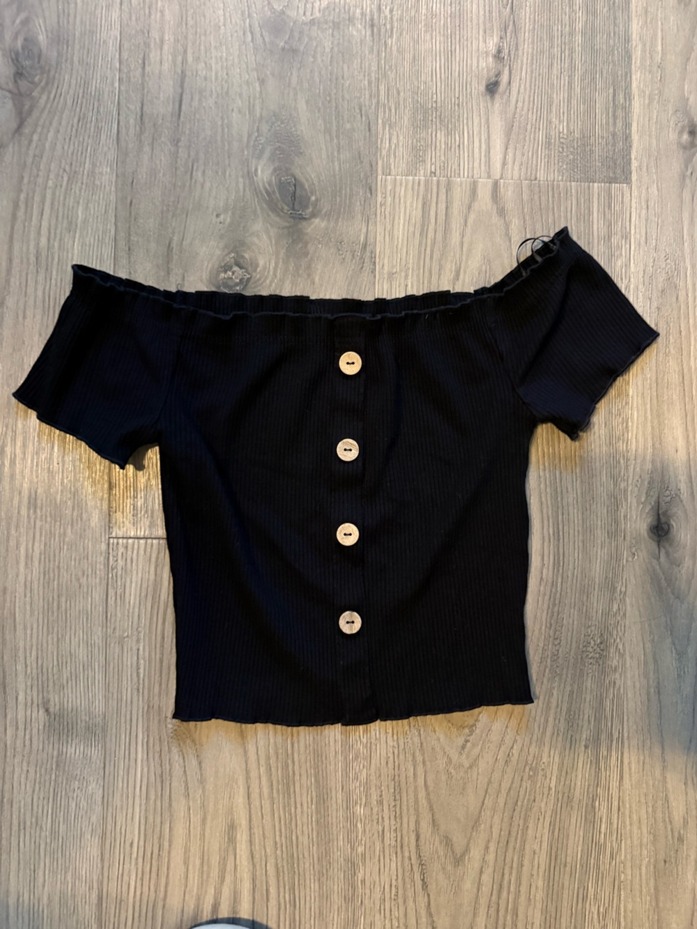 Love Tree Black Off-Shoulder Ribbed Crop Top with Wood-Tone Buttons
